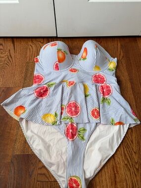 Forever 21 Striped Fruit Peplum One-Piece Swimsuit Women's Size 2X